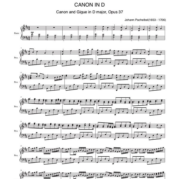 Piano Music Sheets - CANON IN D - by Johann pachelbel - Piano - Digital Download
