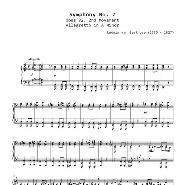Piano Music Sheets - Symphony No. 7 Opus 92 - 2nd Movement - Ludwig van Beethoven - Piano - Digital Download