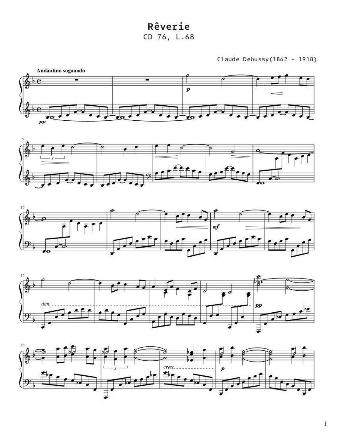 ピアノ楽譜 - Rêverie CD 76 L. 76 - クロード・ドビュッシー