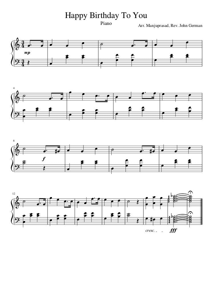 Piano Music Sheets Happy Birthday To You John German Arr Etsy