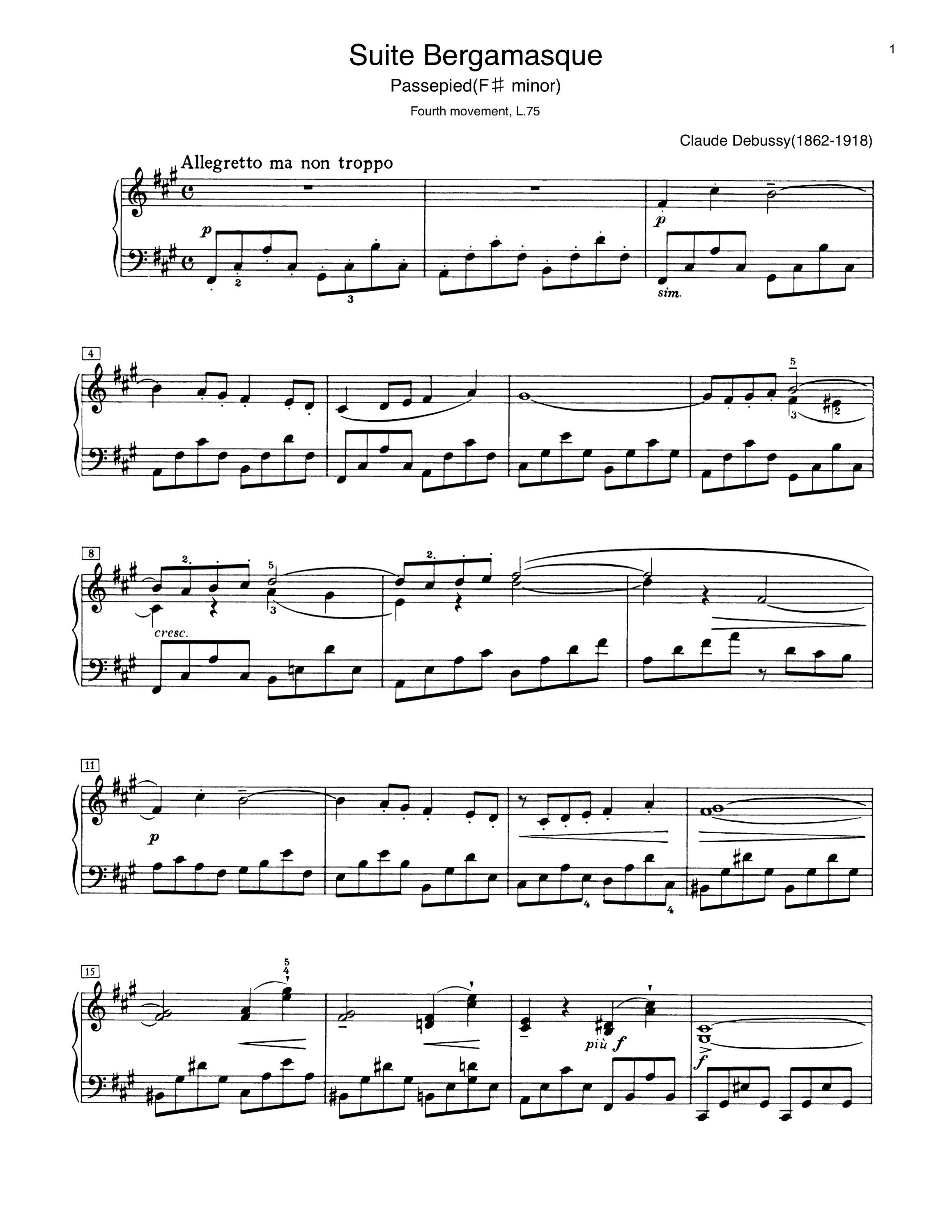 ピアノ楽譜 - ベルガマスク組曲 - パスピエ - 第 4 楽章 L.75 クロード