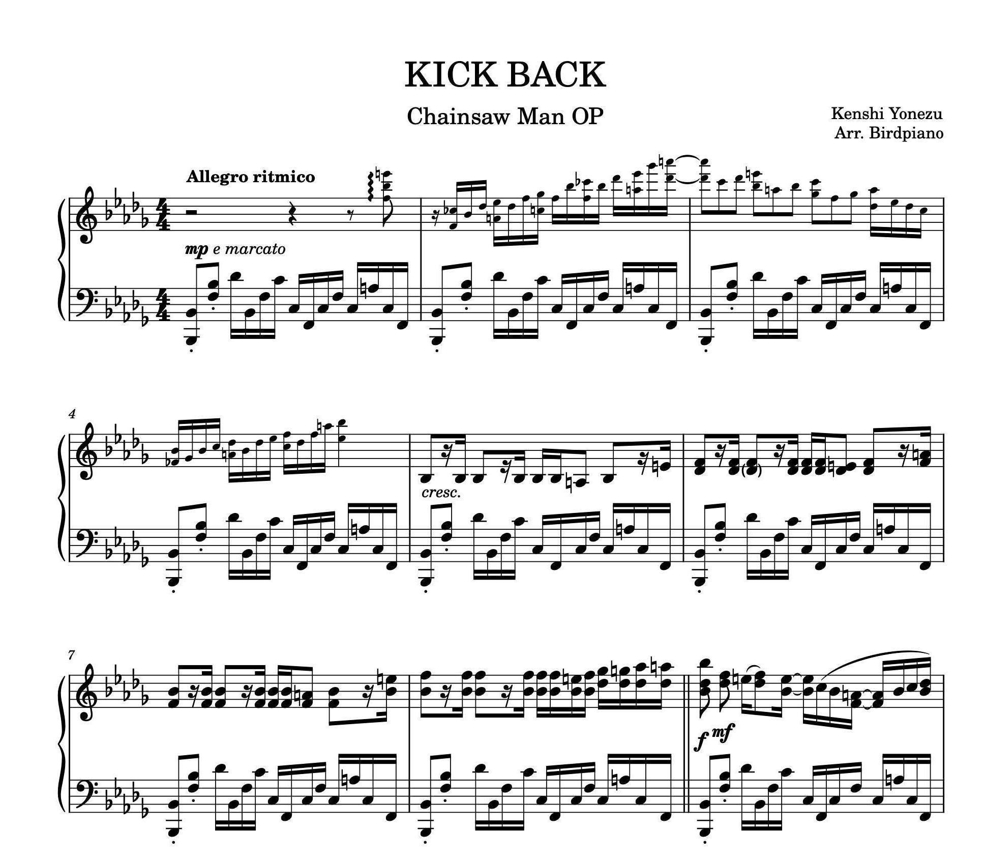 ピアノ楽譜 - キックバック - チェンソーマン OP - 米津玄師 - バード