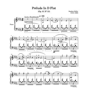 May include: Sheet music for a piano piece titled "Prélude In D Flat" by Stephen Heller (1813-1888). The music is written in the key of D flat major and is marked "Lento, Dondolando" (slow and swaying). The tempo is indicated as = 184. The music is divided into four sections, each with its own tempo and dynamic markings.