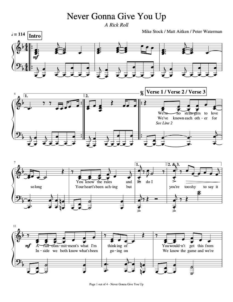 Piano Music Sheets - Never Gonna Give You With Words up by Rick Astley ...