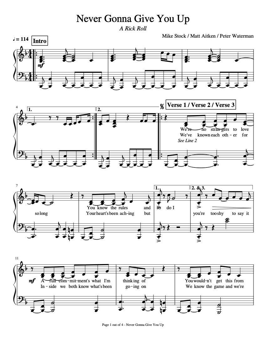 Never Gonna Give You up rick Roll chorus Only Intermediate Piano Sheet  Music With Note Names & Lyrics Printable Downloadable 