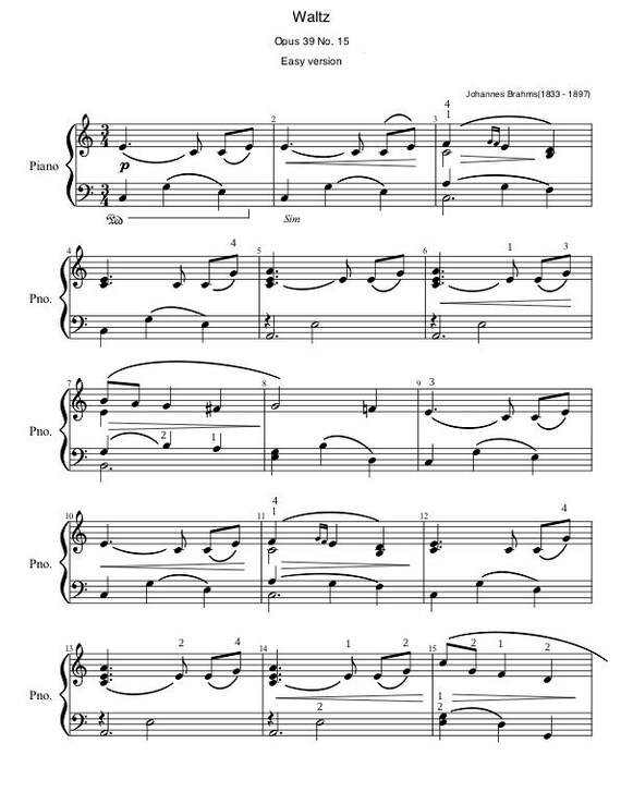 Piano Music Sheets - Waltz Opus 39 No. 15 by Johannes Brahms