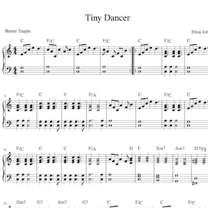 Puede incluir: Partitura de la canción "Tiny Dancer" de Elton John. La música está escrita en notación estándar con letras y acordes. La canción es una balada popular y a menudo es interpretada por otros artistas.
