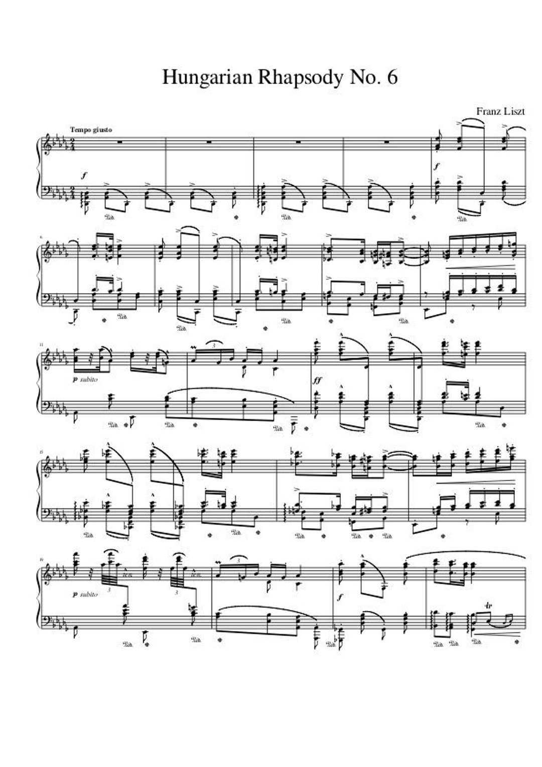 Piano Music Sheets - Hungarian Rhapsody No 6 in D Flat Major