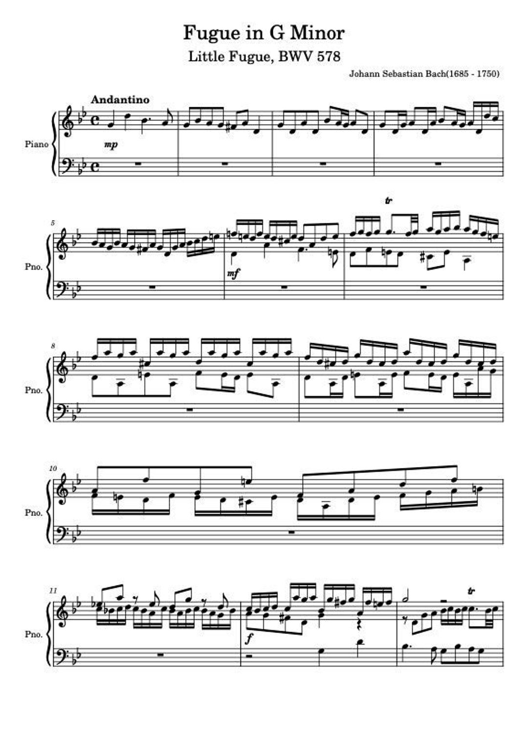ピアノ楽譜 - フーガ ト短調 BWV 578「小フーガ」 - バッハ