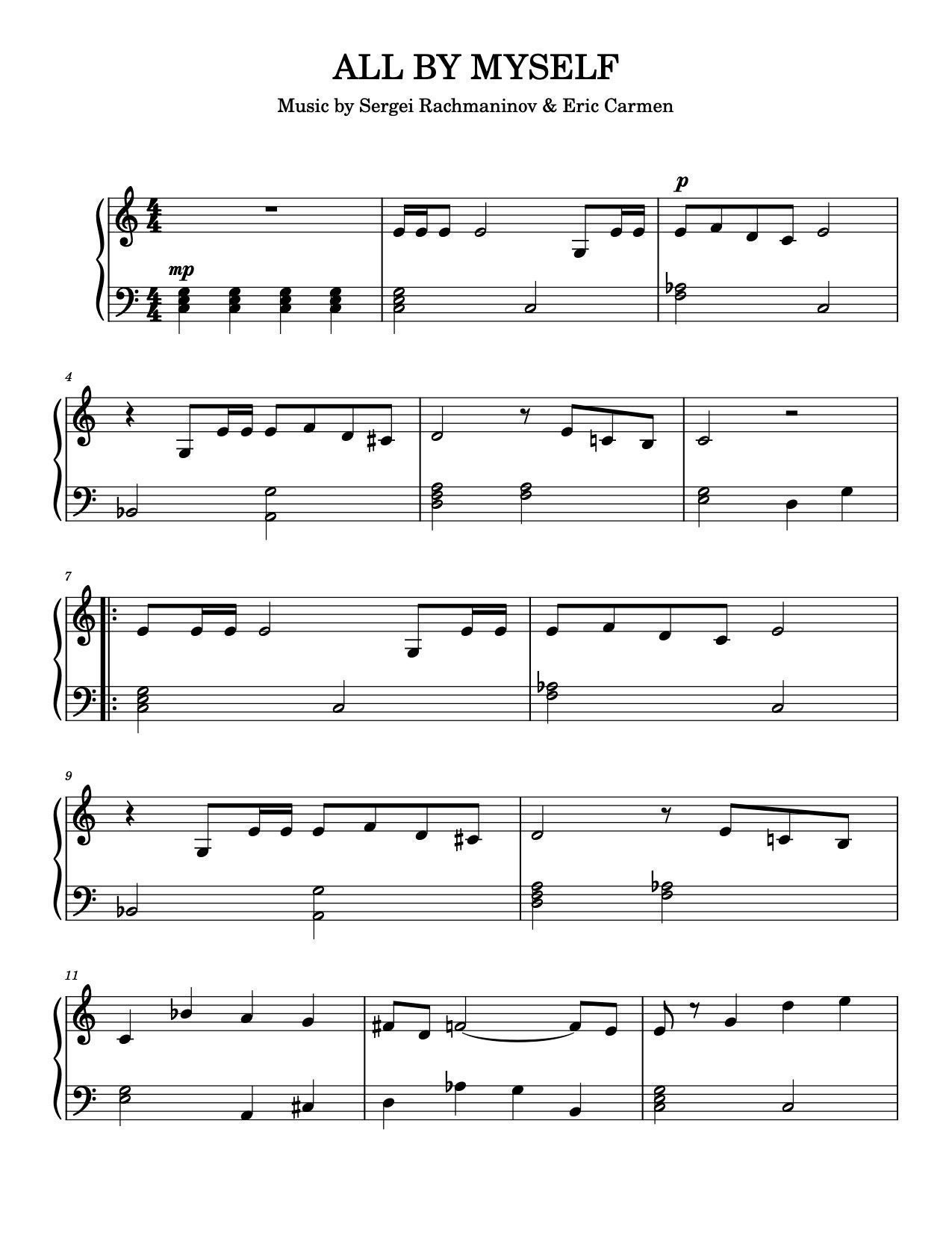 Piano Music Sheets All by myself by Sergei Rachmaninov Eric Carmen Piano Paper Music Sheets