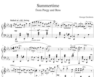 Piano Music Sheets - Summertime from Porgy and Bess - George Gershwin -  Digital Download