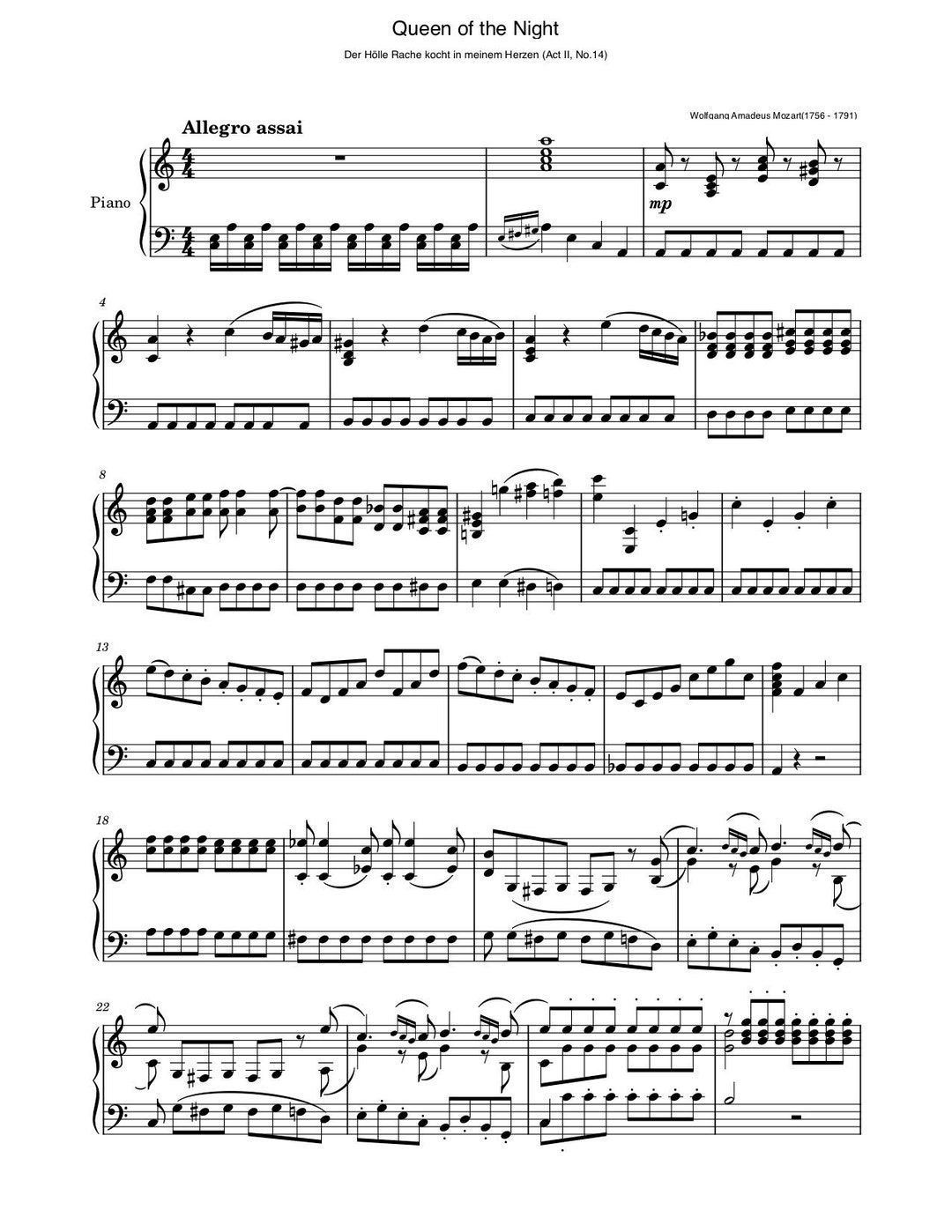 Piano Music Sheets the Magic Flute Full Version Queen of the Night Aria Piano Arrangement Act II