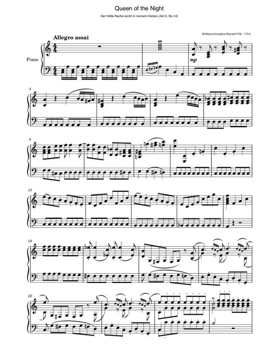 ピアノ楽譜 - 魔笛 - フルバージョン - 夜の女王のアリア ピアノ
