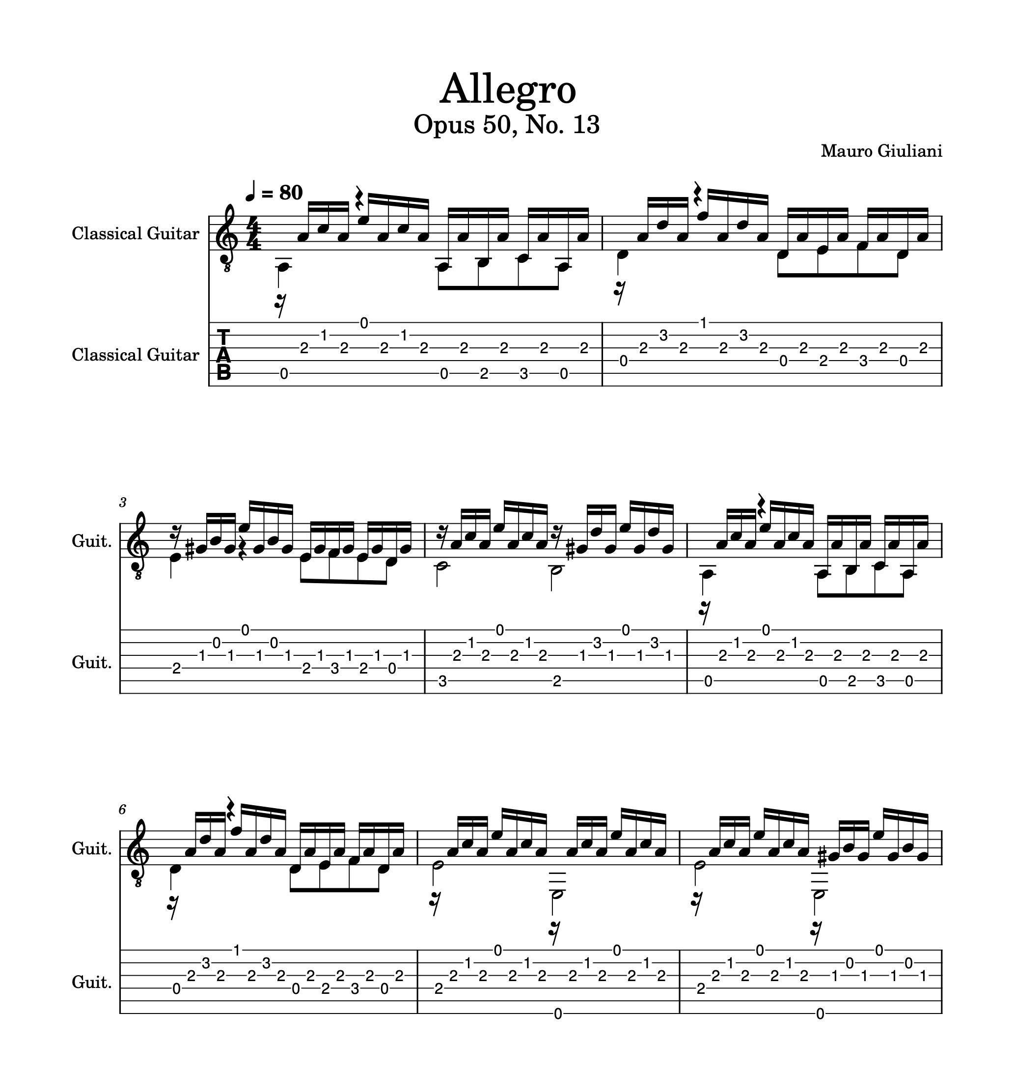 Guitar Music Sheets - Allegro - Opus 50 No. 13 - Easy Version