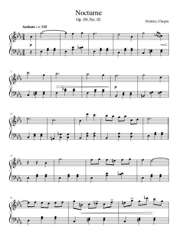 Piano Music Sheets - Nocturne in E-flat Major Opus 9 No. 2 - Easy