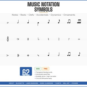 Music Notation Symbols SVG PNG Bundle, 62 Music Clipart, Notes Rests Clefs Accidentals, Cricut Silhouette, Music Teacher Printable Download