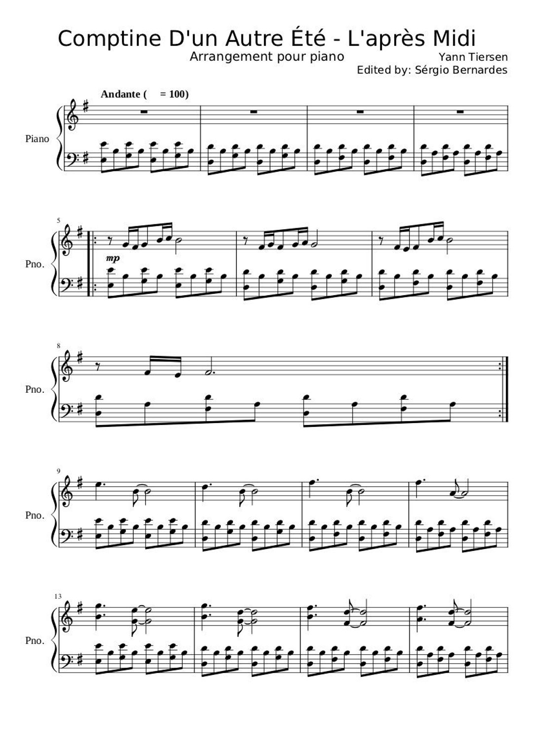 Piano Music Sheets Comptine D'un Autre Été L'après - Etsy