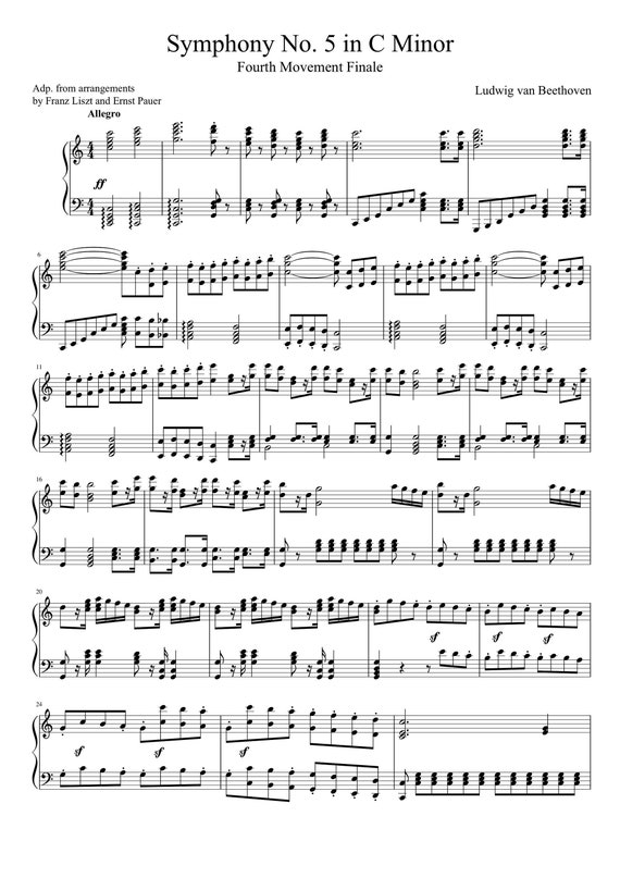 Piano Music Sheets Symphony No. 5 in Minor 4th Movement Etsy España