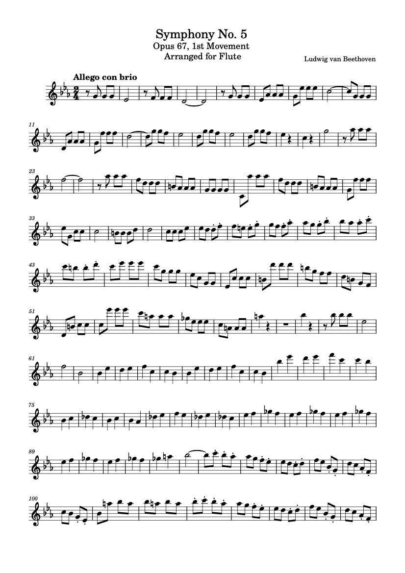 Flute Music Sheets - Symphony No. 5 1st Movement Arranged for