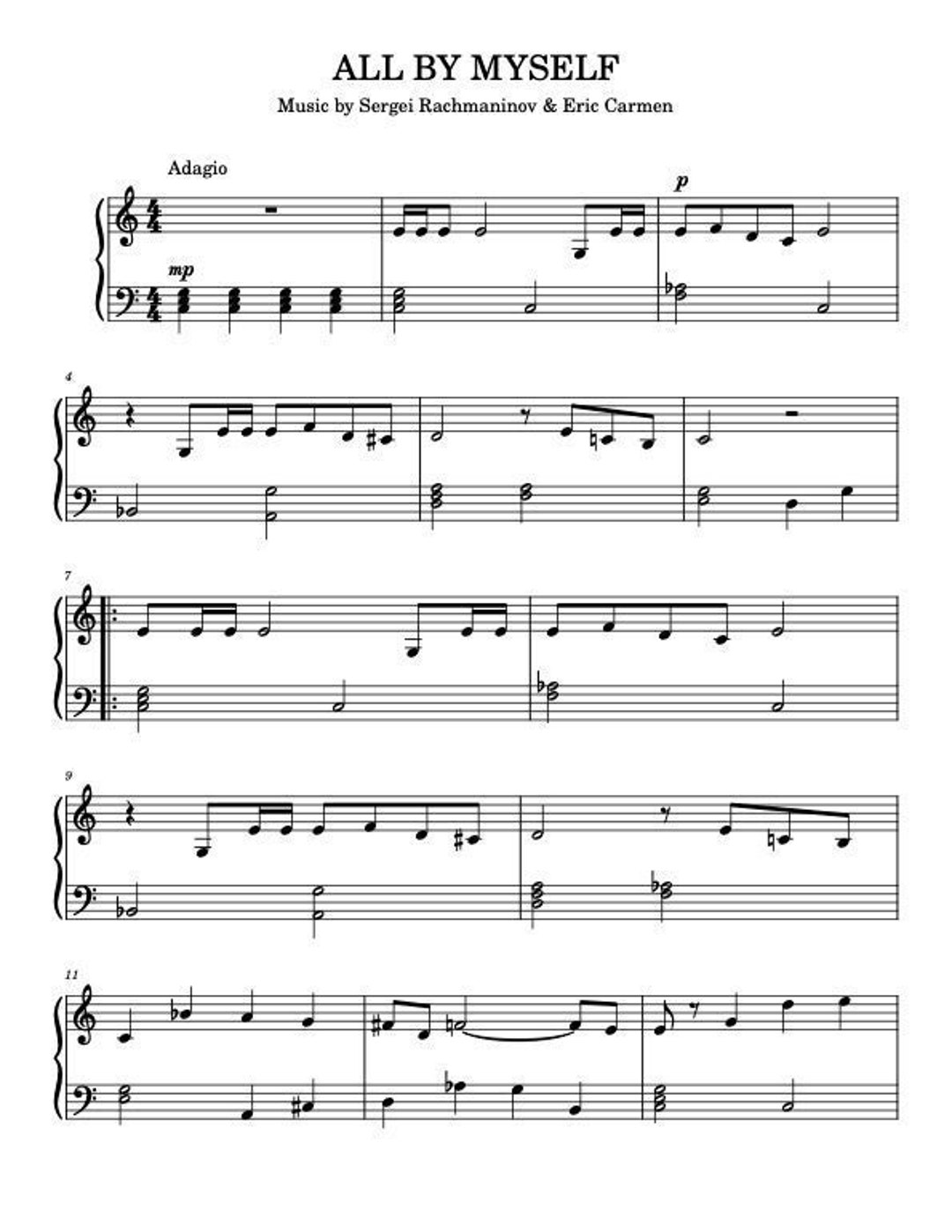Piano Music Sheets - All by Myself by Sergei Rachmaninov Eric