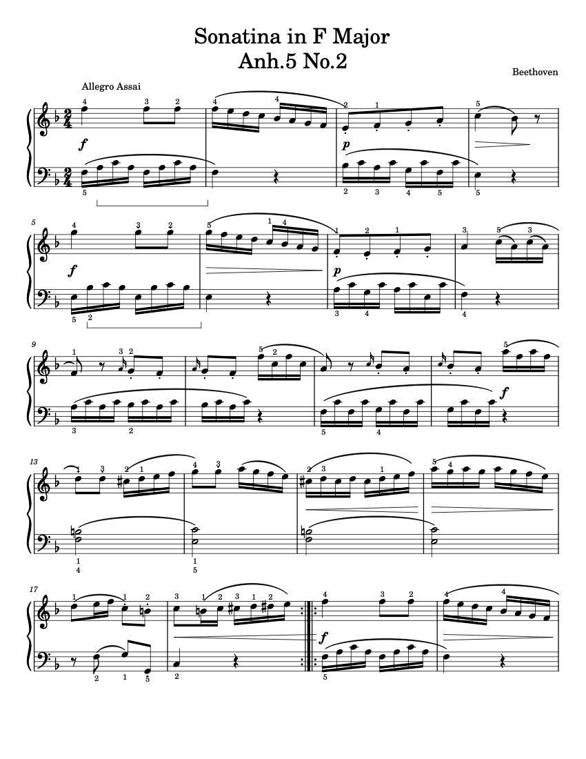 ピアノ楽譜 - ソナチネ ヘ長調 Anh. 5 No. 2 - ベートーヴェン - 紙の