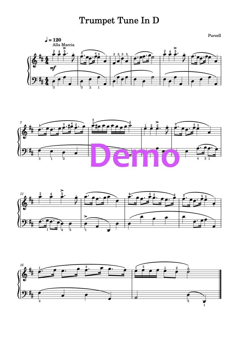 Piano Music Sheets Trumpet Tune in D Major Henry Purcell Digital Download Music Sheet