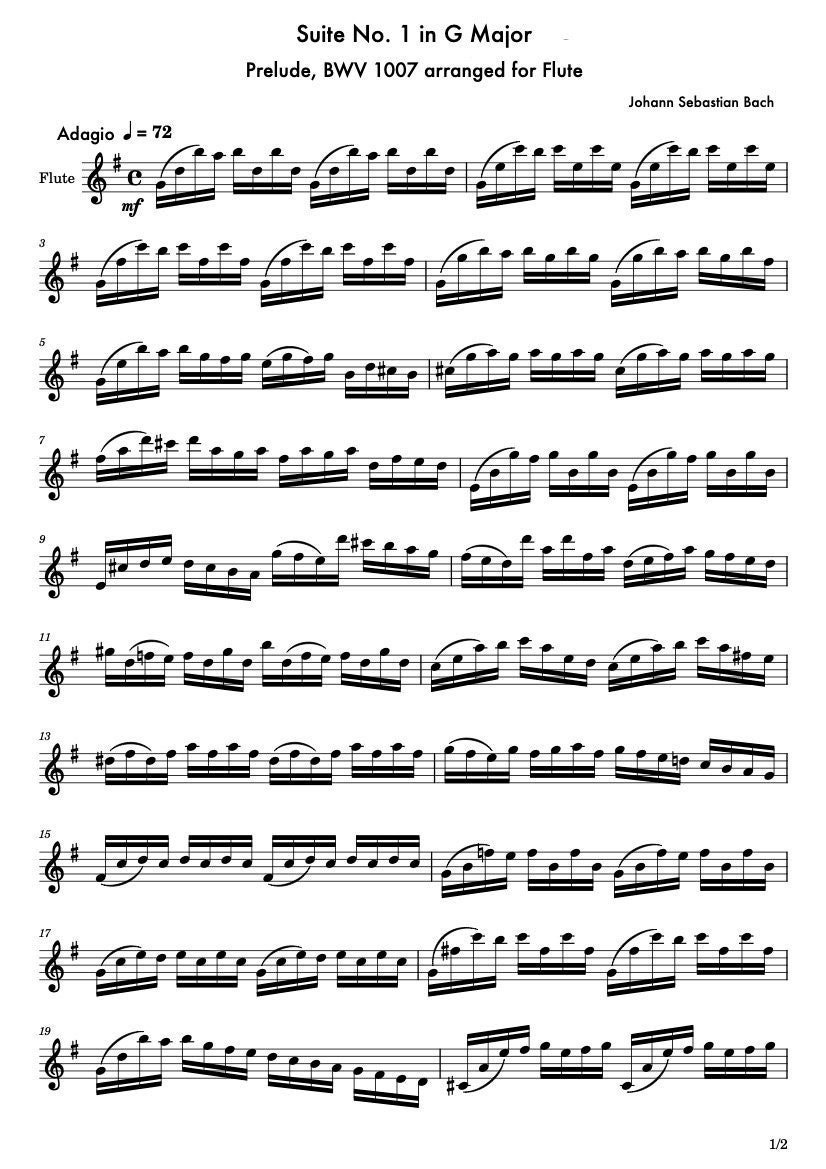 フルート楽譜 - 無伴奏チェロ組曲第1番ト長調プレリュード BWV 1007