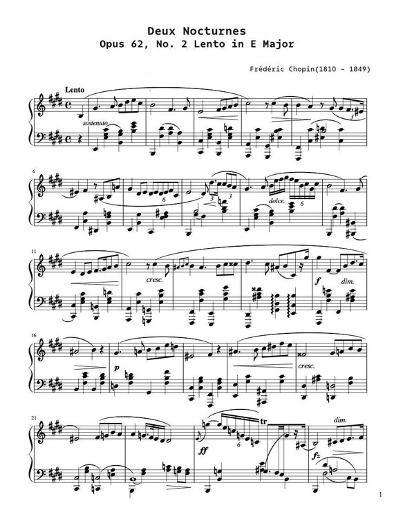 Piano Music Sheets - Deux Nocturnes Opus 62 No 2 Lento in E