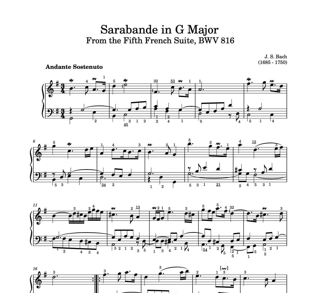 Piano Music Sheets Sarabande in G Major From the Fifth French