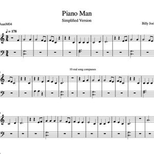 Op de afbeelding: Partituur voor het nummer "Piano Man" van Billy Joel. De muziek is geschreven in C-majeur en is in een vereenvoudigde versie. De partituur bevat de tekst en de melodielijn.