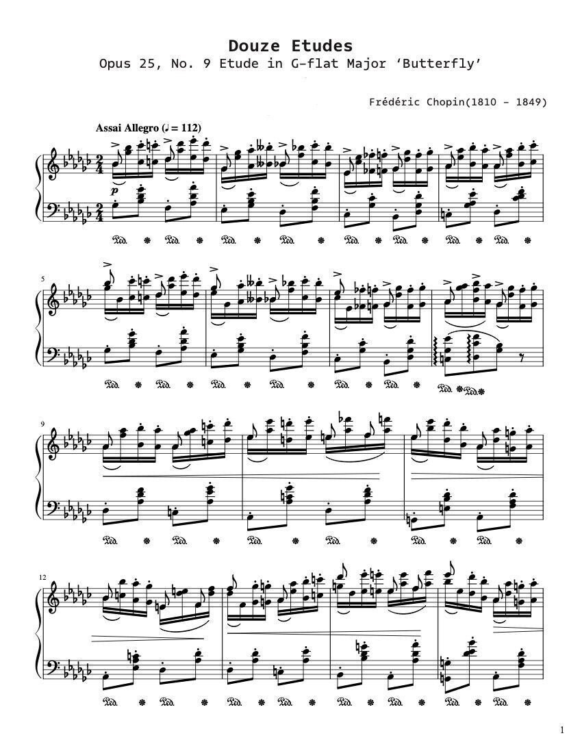 Piano Music Sheets - Douze Etudes in G Flat Major Opus 25 No