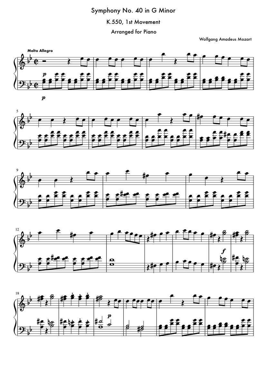 Piano Music Sheets - Symphony No. 40 in G Minor 1st Movement