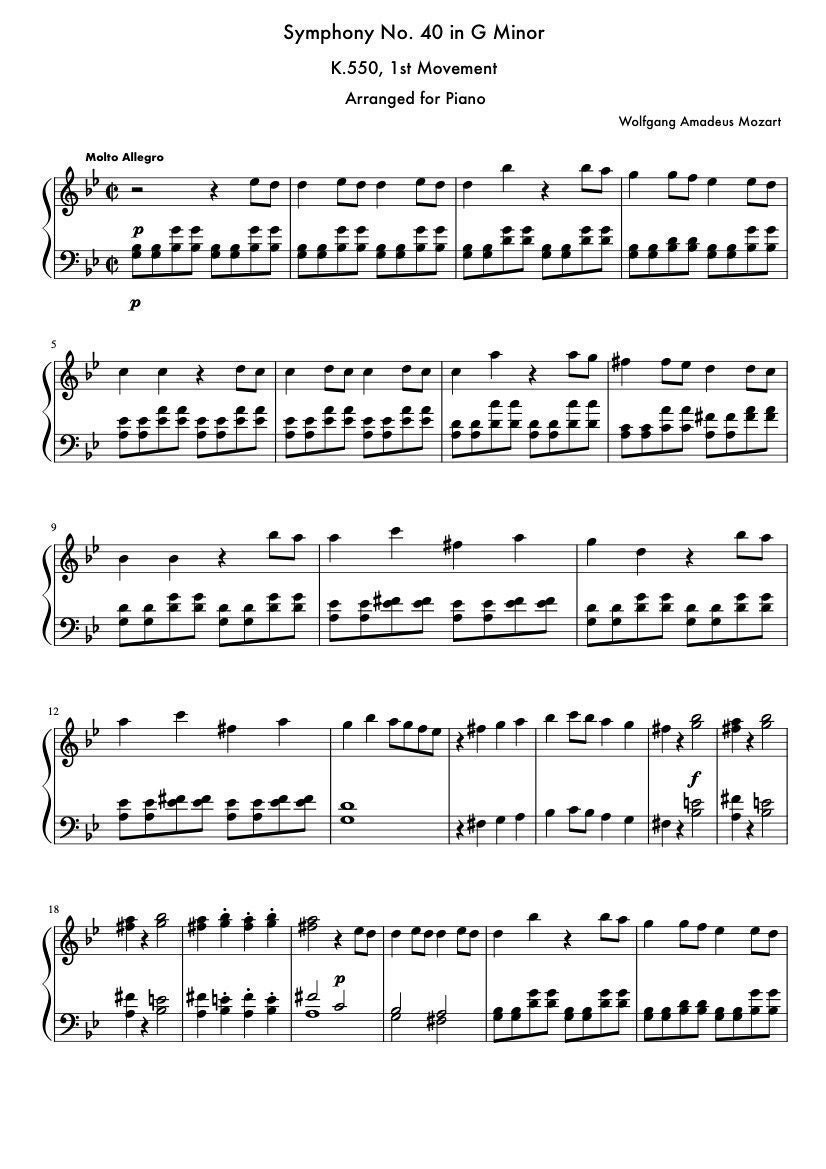 Piano Music Sheets - Symphony No. 40 in G Minor 1st Movement