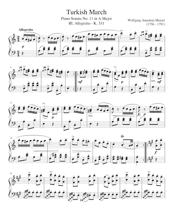Violar perdí mi camino creativo Piano Music Sheets Mozart Piano Sonata 11 in A Major - Etsy Israel