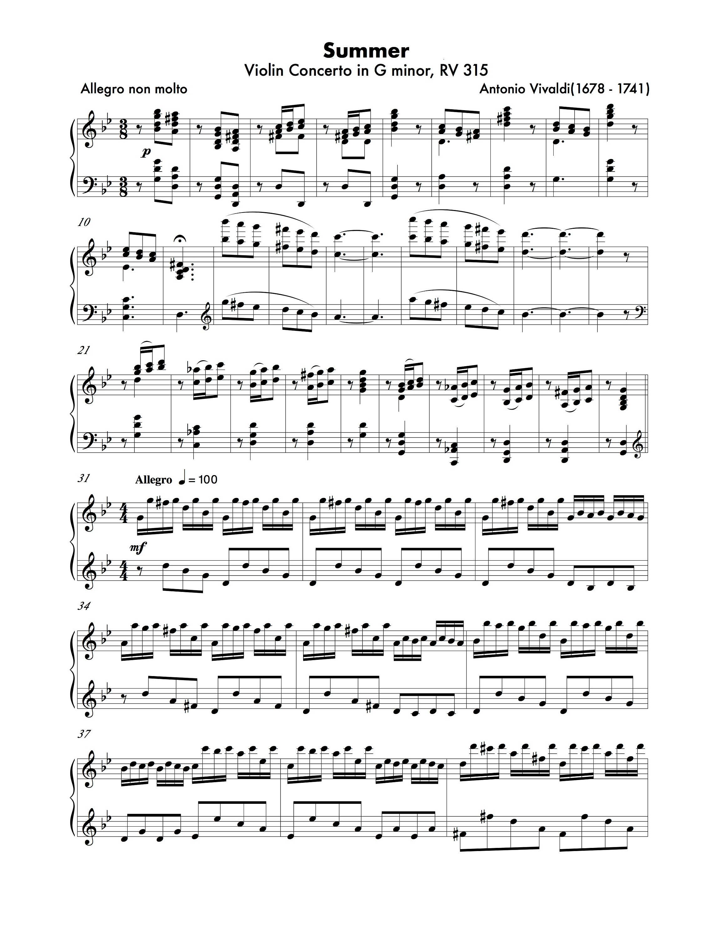 Piano Sheets the Seasons Violin Concerto No. 2 - Etsy