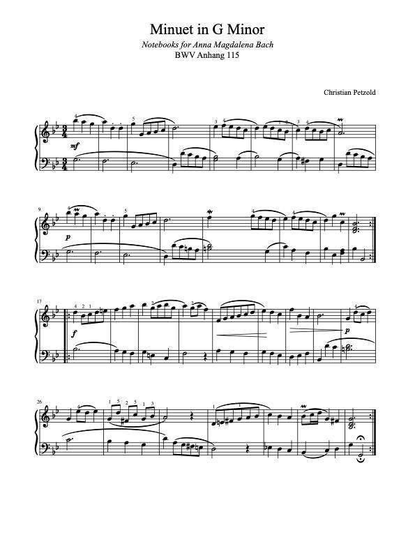 Piano Music Sheets - Minuet in G Minor BWV Anh 115 - Christian