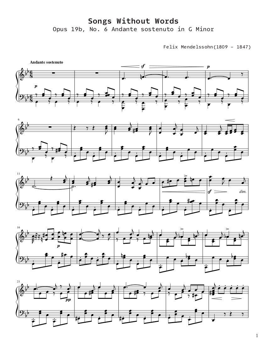 Piano Music Sheets - Songs Without Words Opus 19 No 6 'venetian