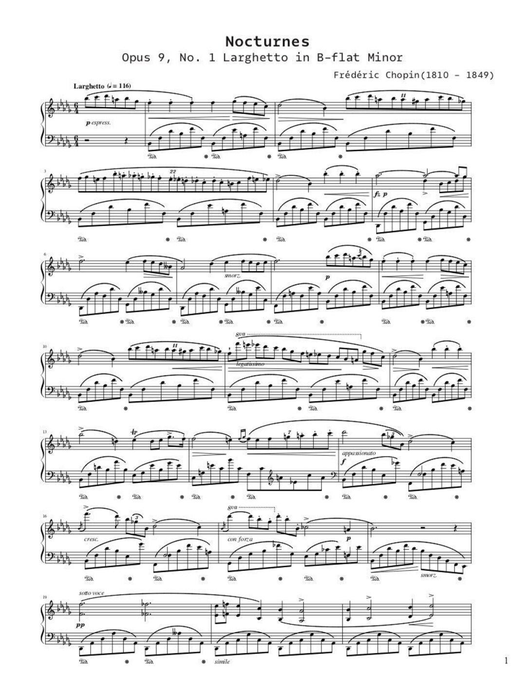 Piano Music Sheets - Nocturne in B Flat Minor Opus 9 No. 1 - Frederic Chopin - Piano - Digital ...