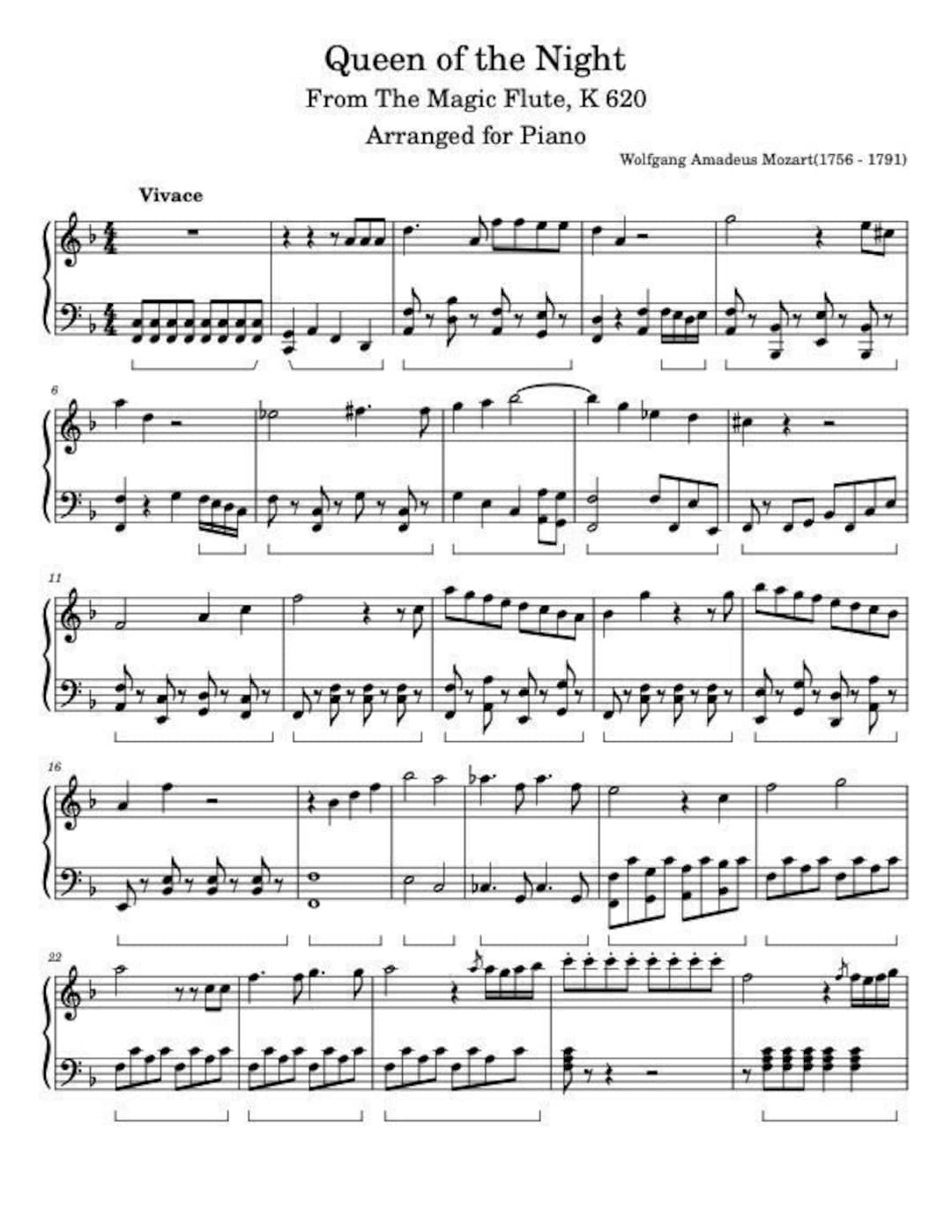 Piano Music Sheets - Queen of the Night Second Act From the Magic