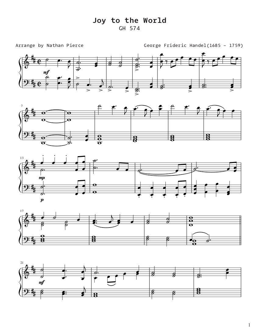 Piano Music Sheets - Joy to the World GH 574 - George Handel