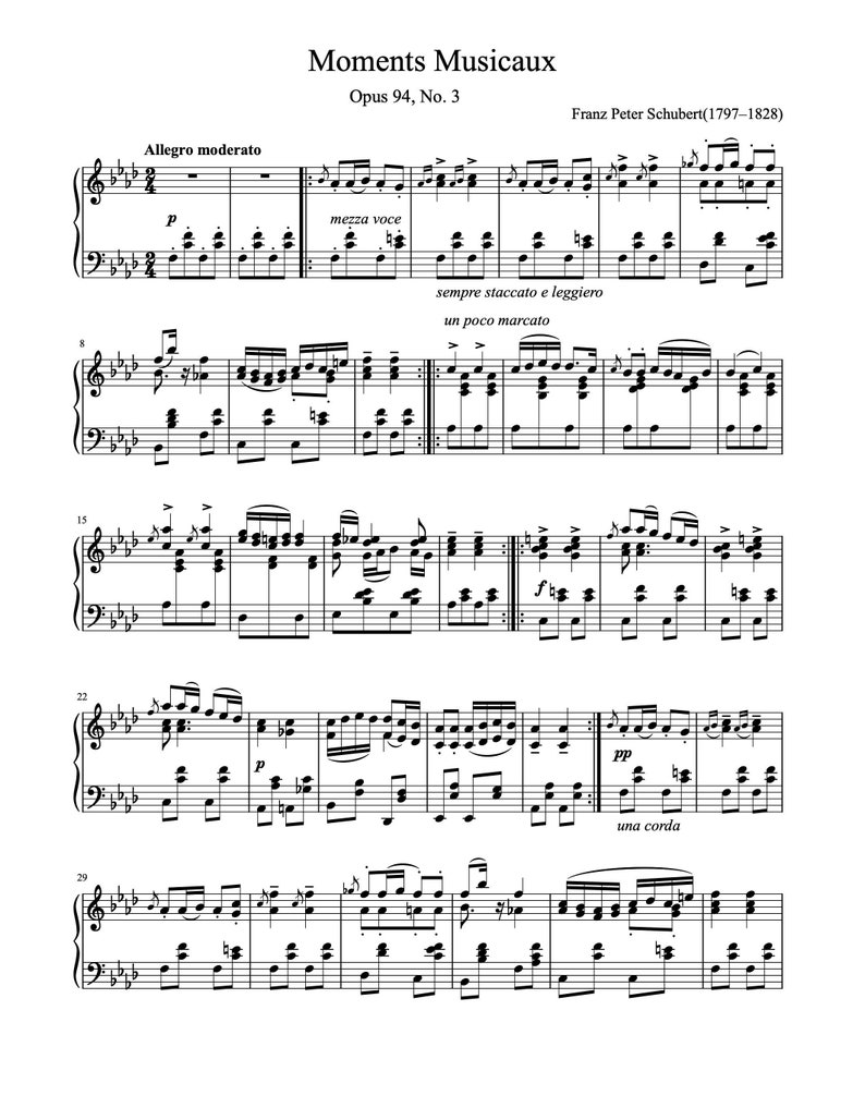 Piano Music Sheets - Moments Musicaux - Opus 94 No. 3 - Franz Peter ...