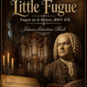 May include: A poster featuring a portrait of Johann Sebastian Bach, a large pipe organ, and a sheet of music titled Little Fugue, Fugue in G Minor, BWV 578. The scene includes a candelabra with three lit candles and a quill resting on old books.