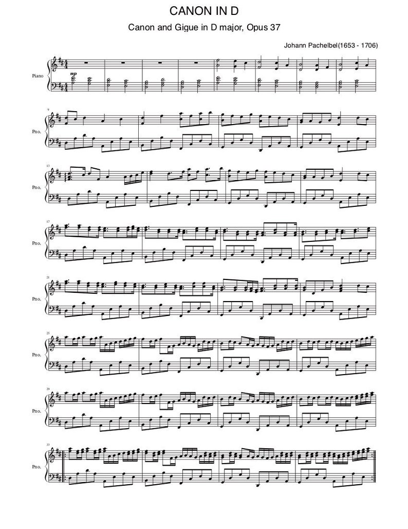 Piano Music Sheets - CANON IN D - by Johann Pachelbel - Piano - Digital ...