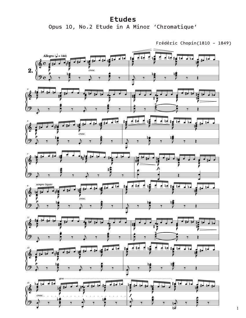 Piano Music Sheets - 12 Etudes Opus 10 No 2 Etude in A Minor 'Chromatique' - Frederic Chopin - Digital Download