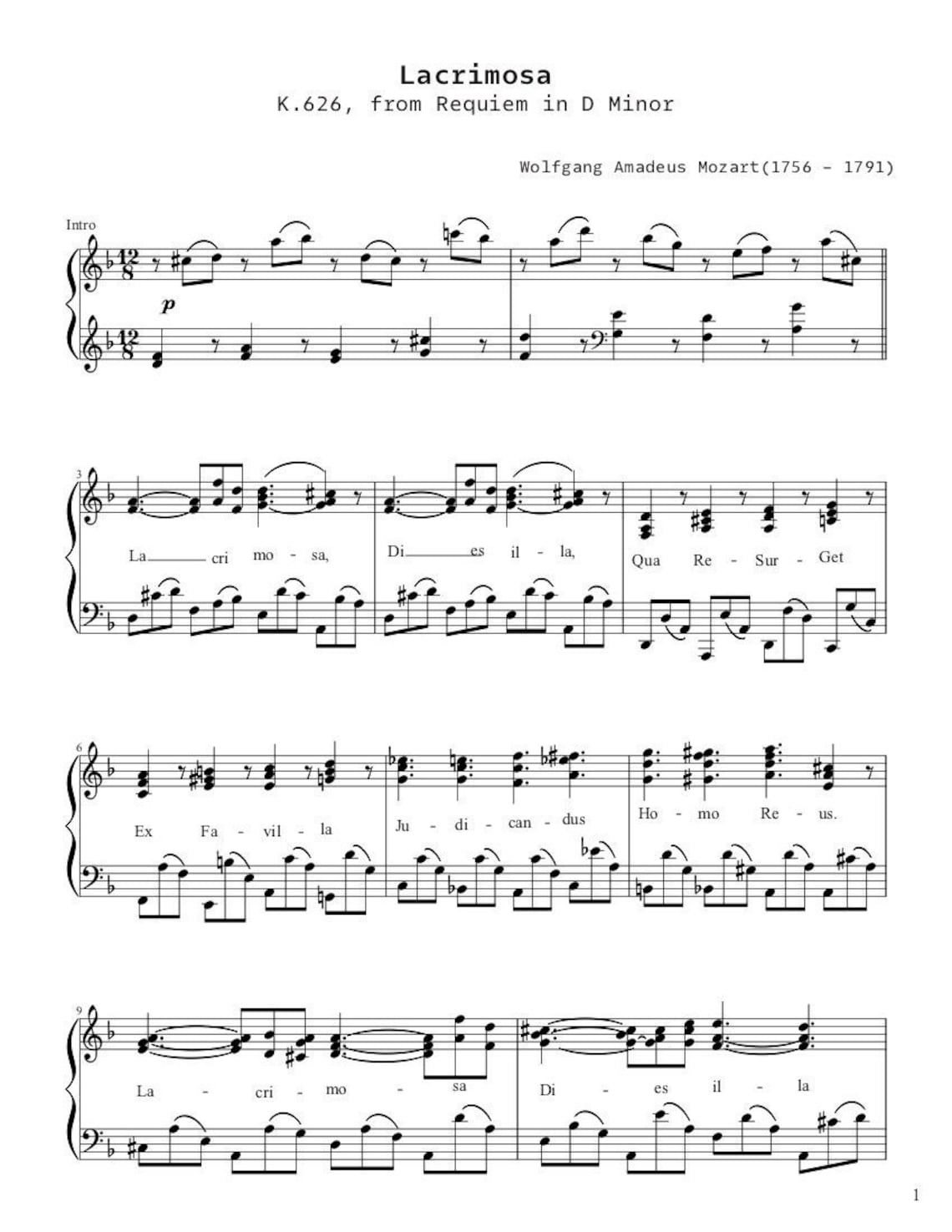Piano Music Sheets - Lacrimosa K 626 From Requiem in D Minor - Wolfgang ...