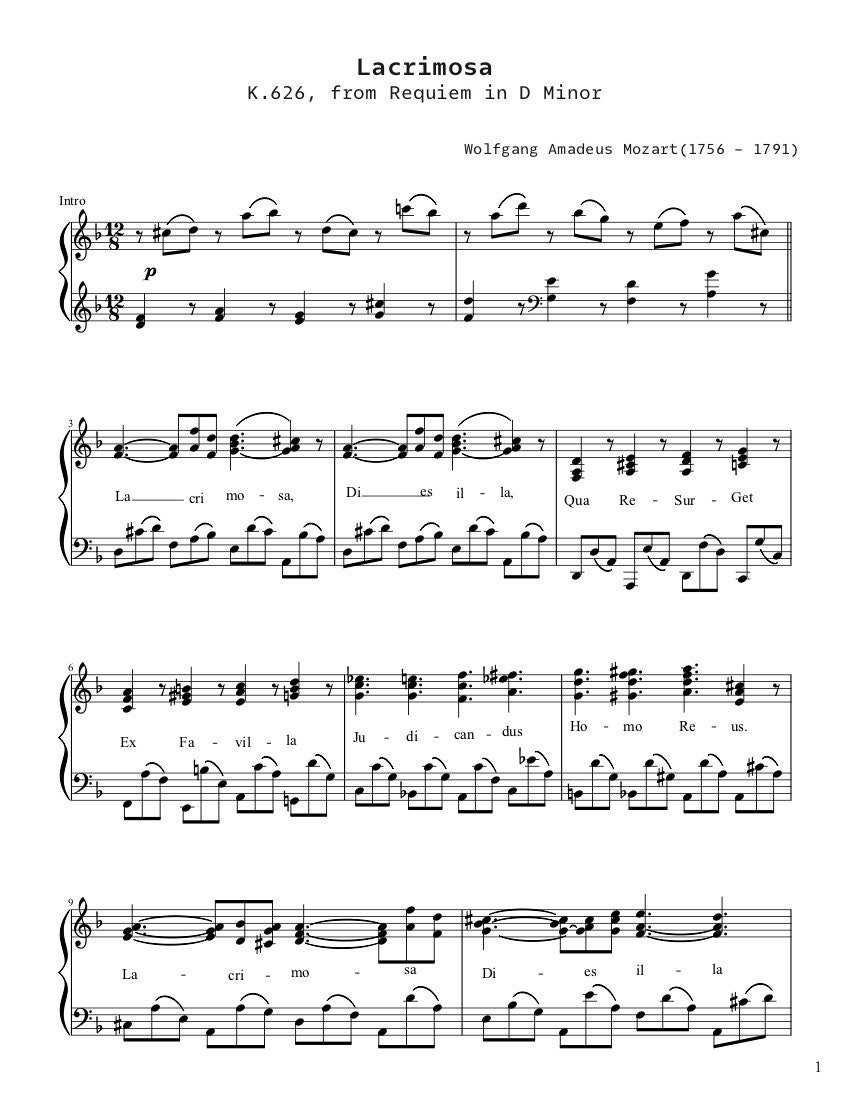 Requiem (Mozart), Lacrimosa - Partition de Piano à télécharger