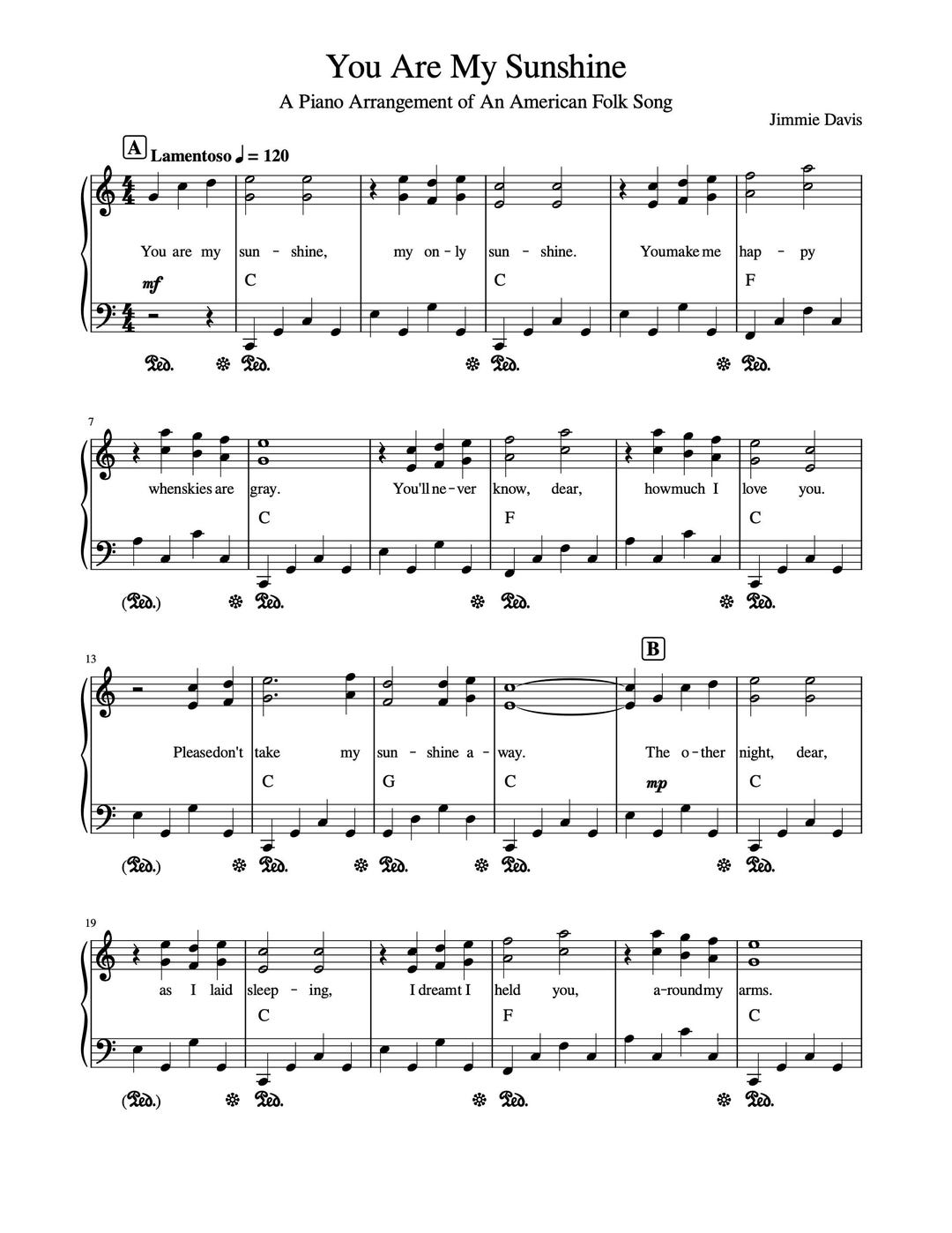 Piano Music Sheets - You Are My Sunshine - Jimmie Davis - Physical