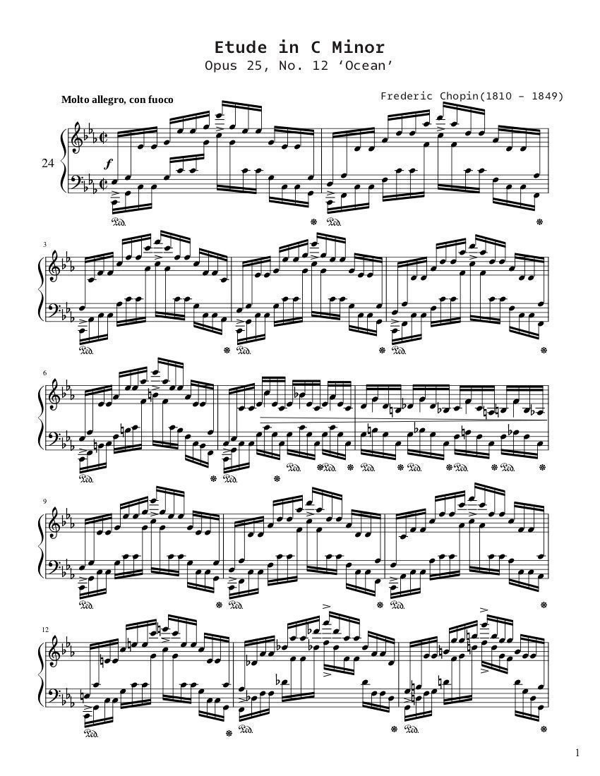 Piano Music Sheets - Etude in C Minor Opus 25 No 12 'ocean