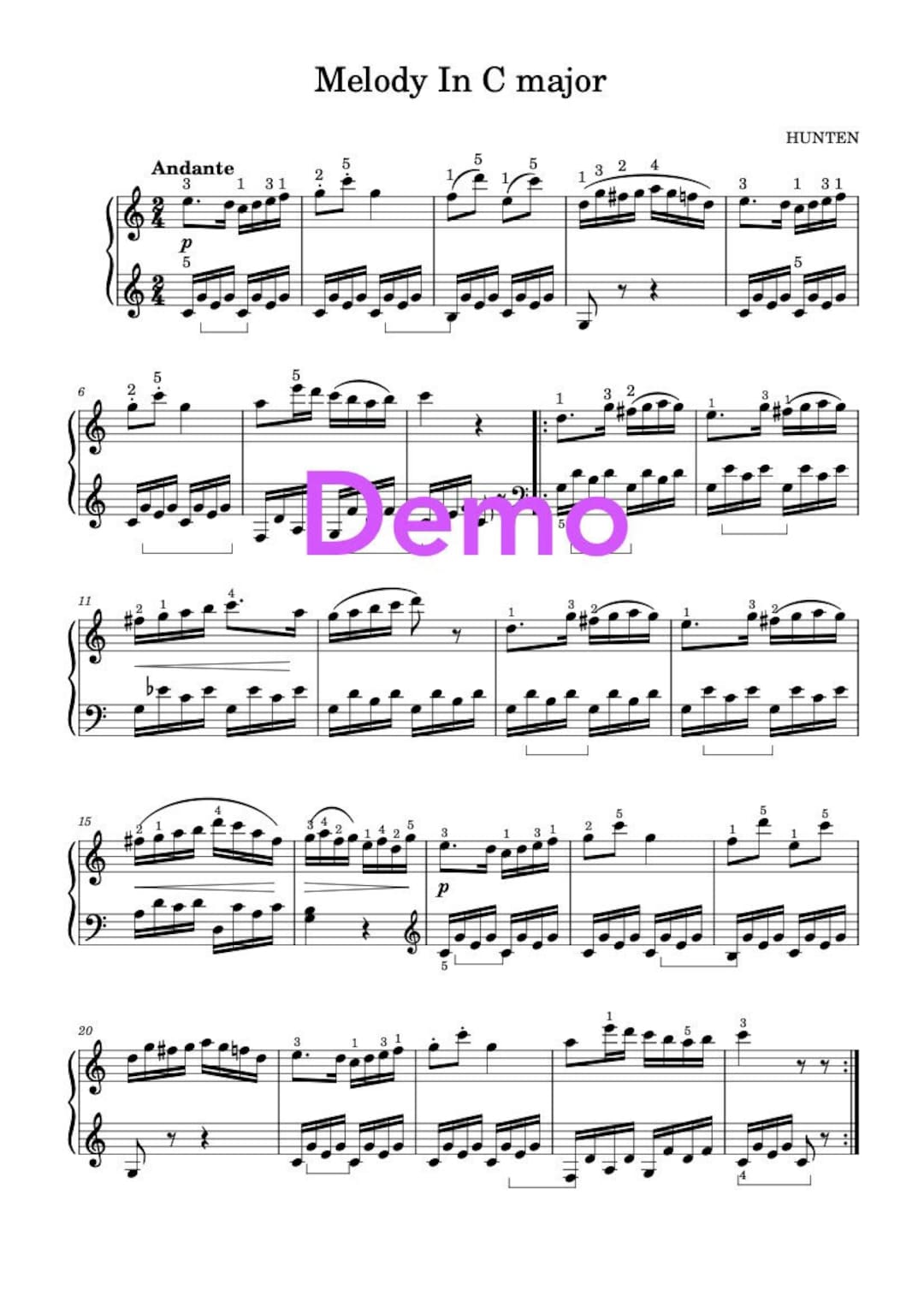 Piano Music Sheets - Melody in C Major - Hünten - Physical Paper Sheet ...