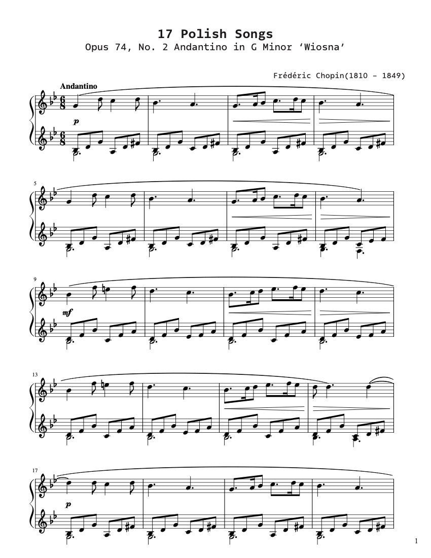 Piano Music Sheets - 17 Polish Songs Opus 74 No 2 'wiosna